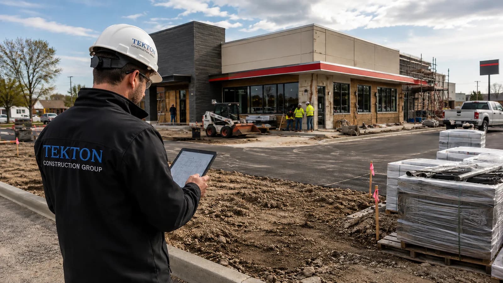 Tekton Construction Group superintendent reviewing plans on a tablet at a QSR jobsite during exterior finishes and site work